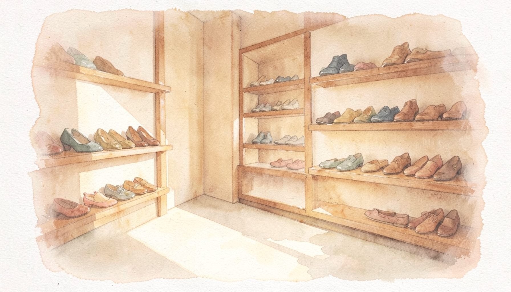 A soft watercolour painting of a sunlit boutique interior with warm beige walls and wooden shelves holding neatly arranged footwear boxes, calm and inviting mood
